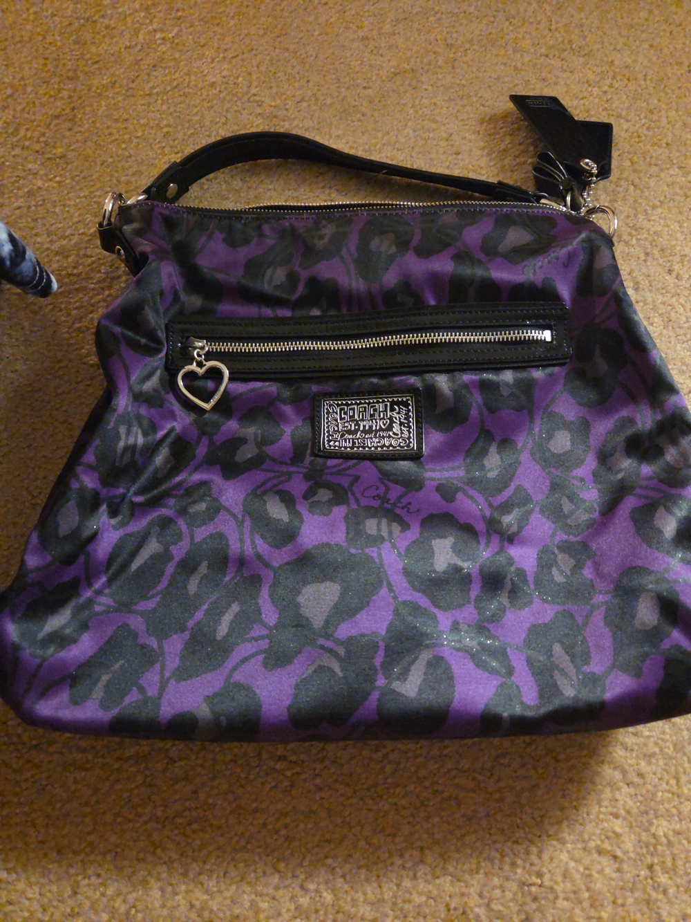 Coach Purple and Black Leopard-Print Shoulder Bag with Heart Charm